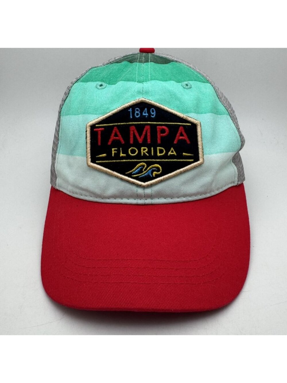 Lucky J Tampa Florida 1849 Trucker Hat Adjustable Snapback Red Green Gray Mesh